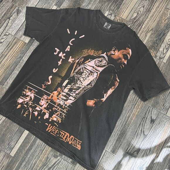 🔥🔥 TRAVIS SCOTT CACTUS JACK x WRESTLEMANIA WWF WWE Rap Music Graphic Tee 2XL - Picture 3 of 10